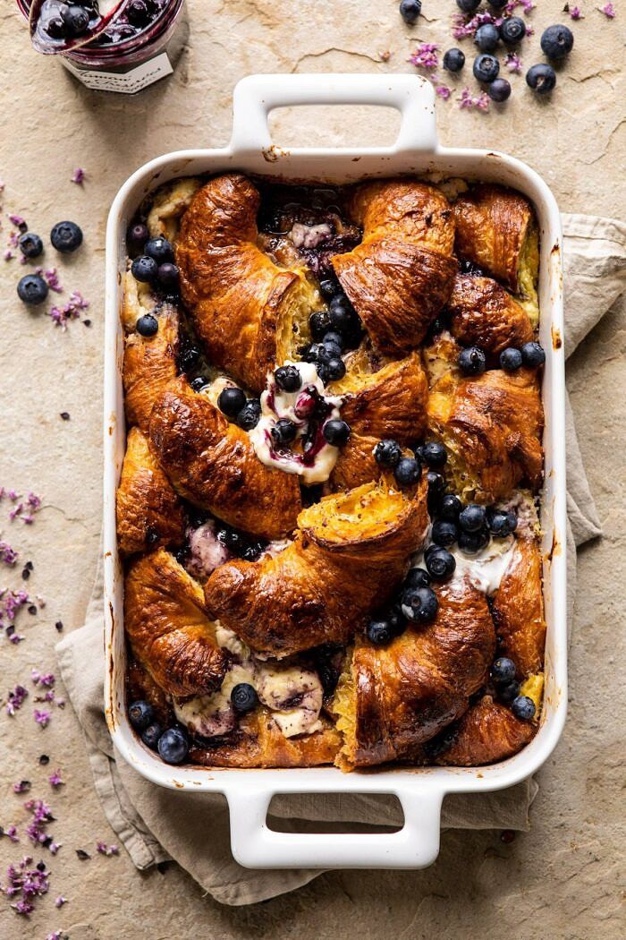 Berry and Cream Cheese Croissant French Toast Bake | halfbakedharvest.com #frenchtoast #brunch #easyrecipes #springrecipes #easter overhead photo of Berry and Cream Cheese Croissant French Toast Bake