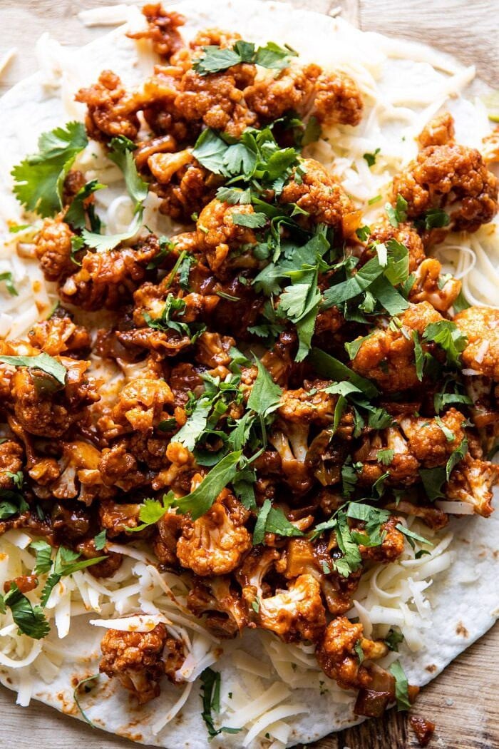 Cauliflower Al Pastor Quesadillas with Lime Smashed Avocado | halfbakedharvest.com #vegan #Mexican #cauliflower #pineapple #sandwich #easyrecipes #cheese overhead close up photo of Cauliflower Al Pastor Quesadillas before cooking