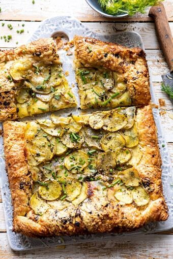 Cheesy Potato Chive Galette | halfbakedharvest.com #potato #cheese #easyrecipes #appetizer #Easter #spring
