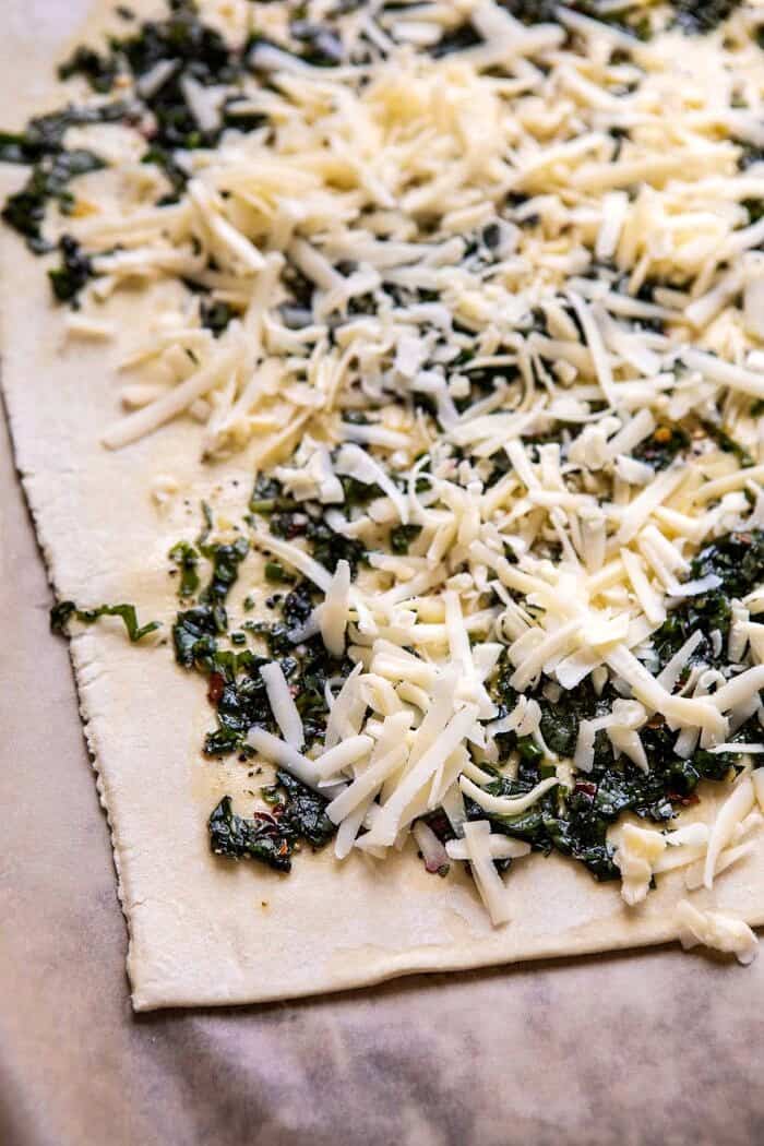 Cheesy Potato Chive Galette | halfbakedharvest.com #potato #cheese #easyrecipes #appetizer #Easter #spring Cheesy Potato Chive Galette before baking and before adding potatoes