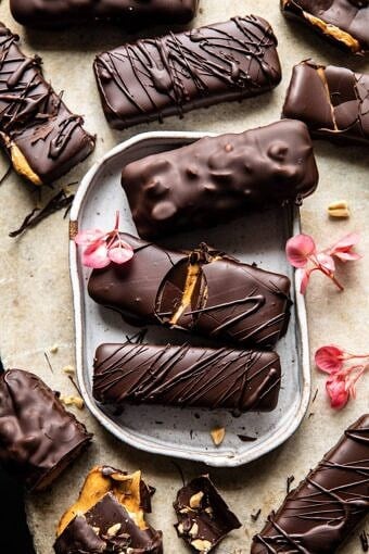 Chocolate Covered Creamy Peanut Butter Cup Bars | halfbakedharvest.com #vegan #chocolate #peanutbutter #dessert