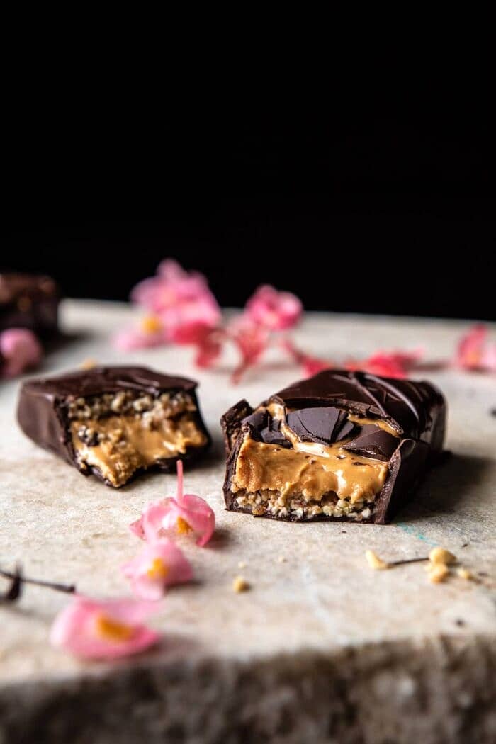 front on photo of Chocolate Covered Creamy Peanut Butter Cup Bar broken in half