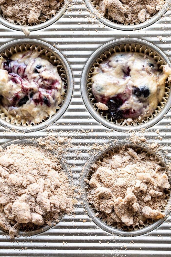 Blueberry Swirl Coffee Cake Muffins in muffin tin before baking 