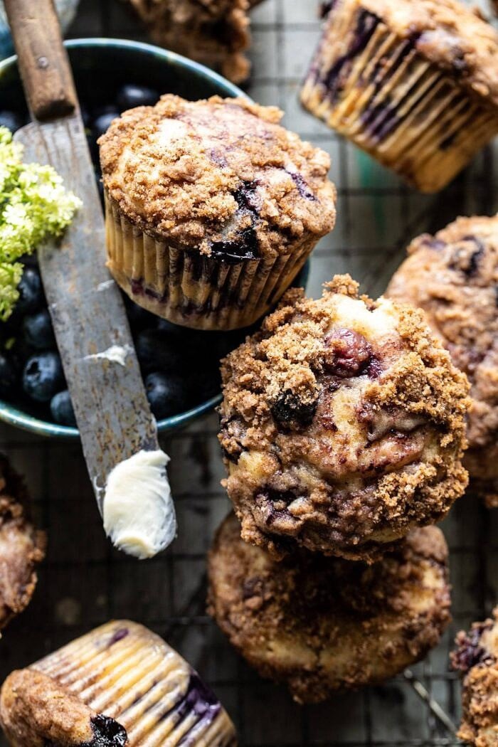 overhead close up photo of Blueberry Swirl Coffee Cake Muffins 