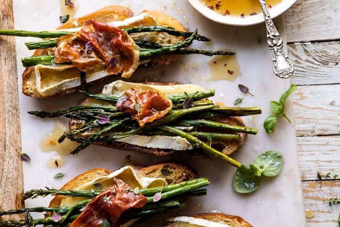 Crispy Prosciutto, Asparagus, and Brie Toast | halfbakedharvest.com #easyrecipes #appetizers #brie #mothersday #spring #summer horizontal photo of Crispy Prosciutto, Asparagus, and Brie Toast