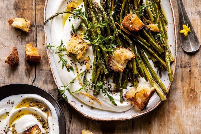 horizontal photo of Sesame Roasted Asparagus with Whipped Feta 