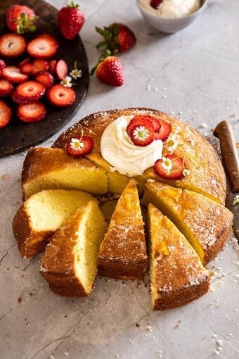 Strawberry Chamomile Olive Oil Cake with Honeyed Ricotta | halfbakedharvest.com #cake #dessert #springrecipes #Easter #strawberry