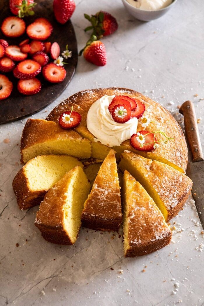 Strawberry Chamomile Olive Oil Cake with Honeyed Ricotta | halfbakedharvest.com #cake #dessert #springrecipes #Easter #strawberry