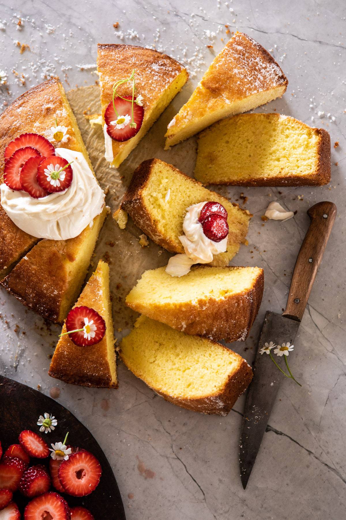 Strawberry Chamomile Olive Oil Cake with Honeyed Ricotta | halfbakedharvest.com #cake #dessert #springrecipes #Easter #strawberry