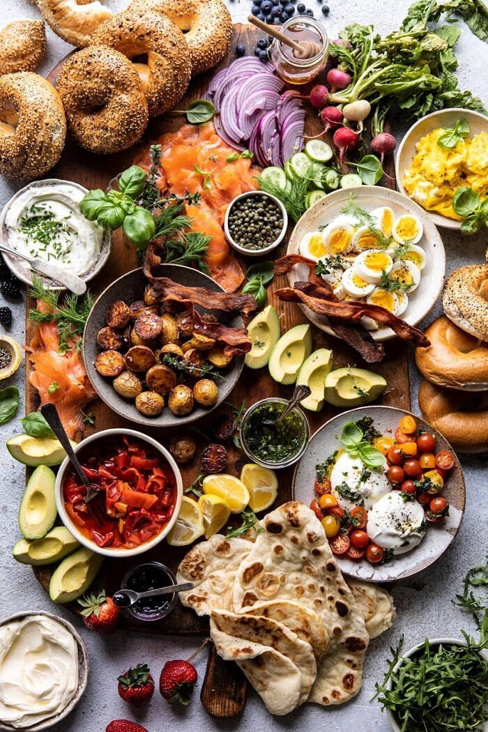 Ultimate Spring Brunch Board | halfbakedharvest.com #brunch #breakfast #potatoes #spring #summer #easter #mothersday overhead photo of Ultimate Spring Brunch Board