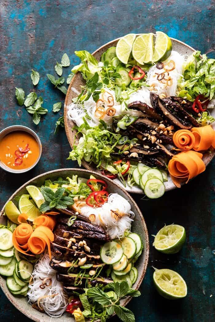 Vietnamese Rice Noodle Salad with Mushrooms and Spicy Peanut Vinaigrette | halfbakedharvest.com #healthy #salad #springrecipes #Asian overhead photo of Vietnamese Rice Noodle Salad with Mushrooms and Spicy Peanut Vinaigrette