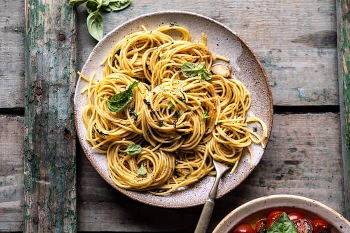 horizontal photo of 20 Minute Garlic Basil Brown Butter Pasta 