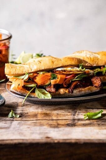 30 Minute Basil Chicken Banh Mi Sandwich | halfbakedharvest.com #easyrecipe #healthyrecipes #chicken #thai #Vietnamese