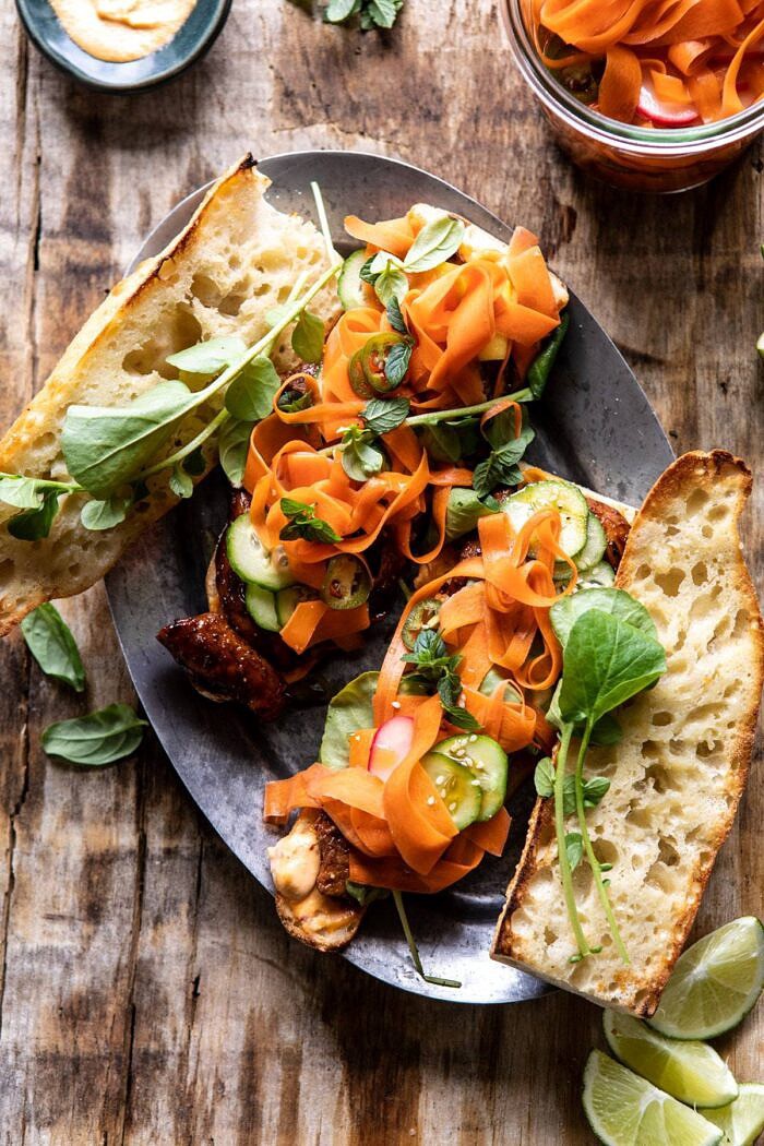 30 Minute Basil Chicken Banh Mi Sandwich | halfbakedharvest.com #easyrecipe #healthyrecipes #chicken #thai #Vietnamese overhead photo of 30 Minute Basil Chicken Banh Mi Sandwich