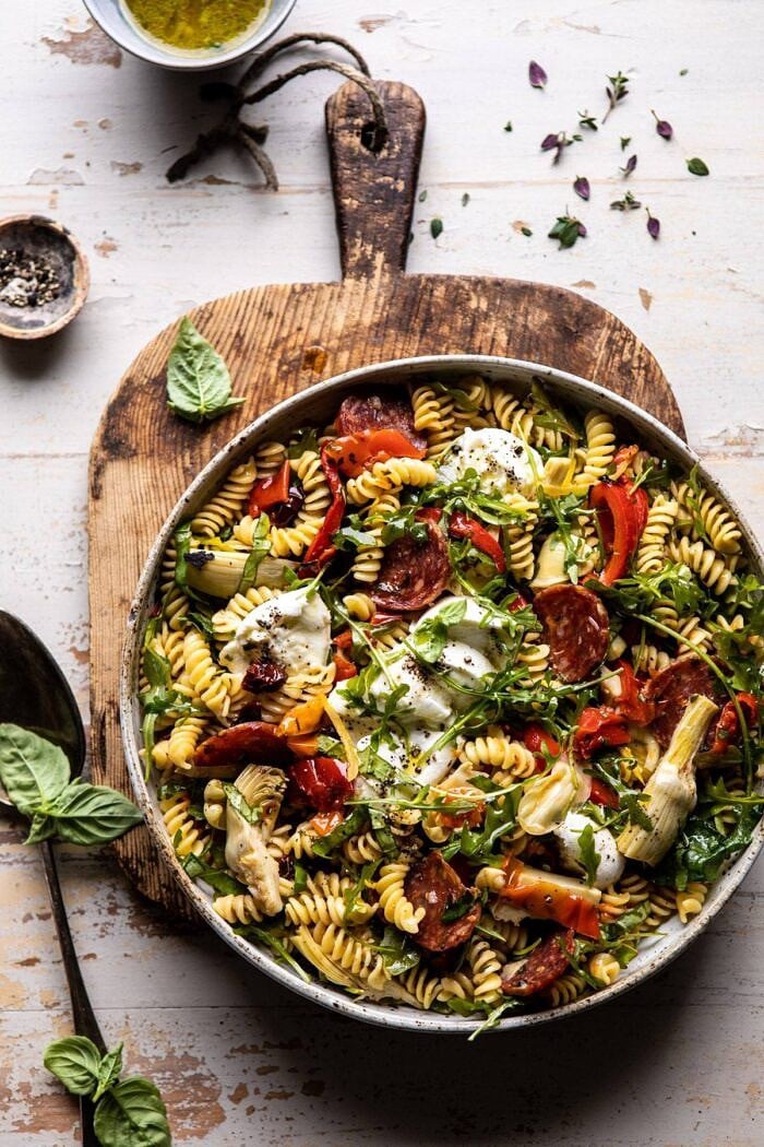 Antipasto Pasta Salad with Herby Parmesan Vinaigrette | halfbakedharvet.com #pasta #easyrecipes #pastasalad #mothersday