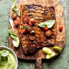 Honey Mustard Grilled Salmon with Avocado Basil Sauce | halfbakedharvest.com #grilling #salmon #summer #healthyrecipes