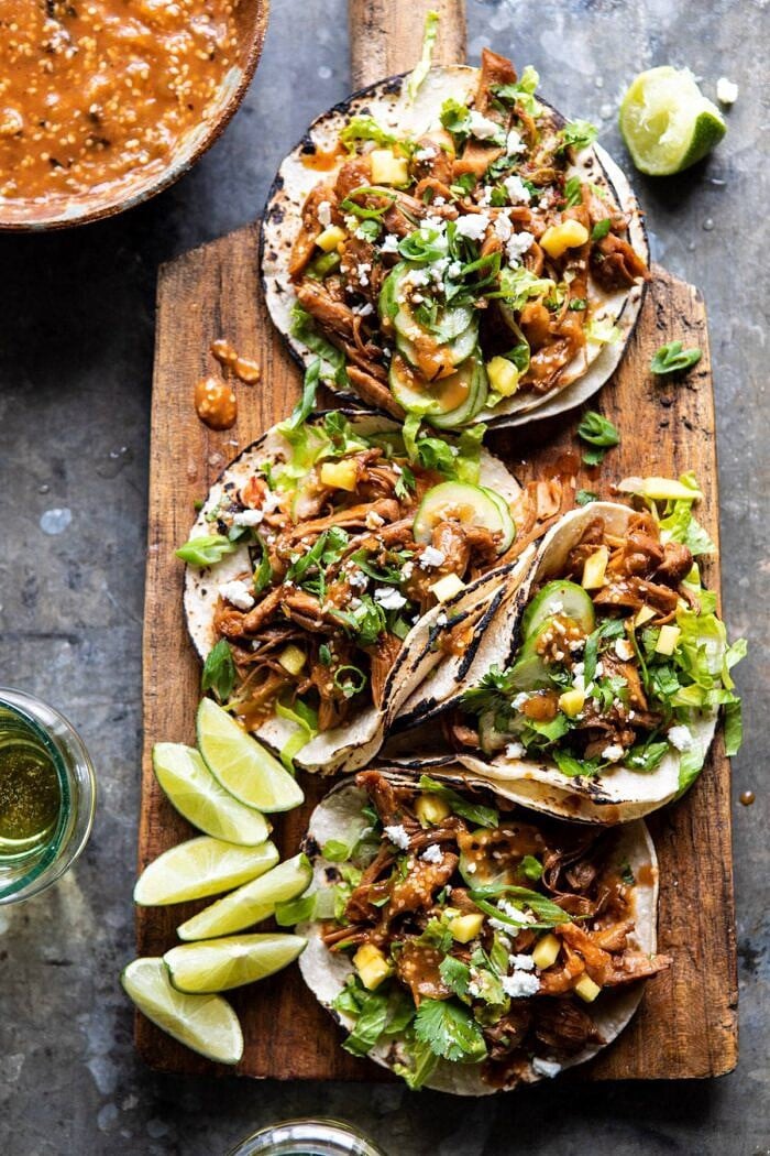 overhead photo of Instant Pot Korean Bulgogi BBQ Tacos 