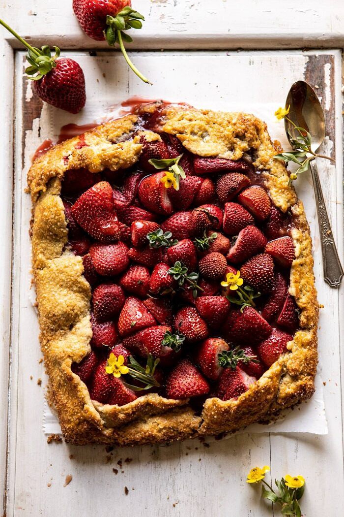 Jammy Strawberry Galette | halfbakedharvest.com #strawberries #tart #summer #fruit #springrecipes overhead photo of Jammy Strawberry Galette
