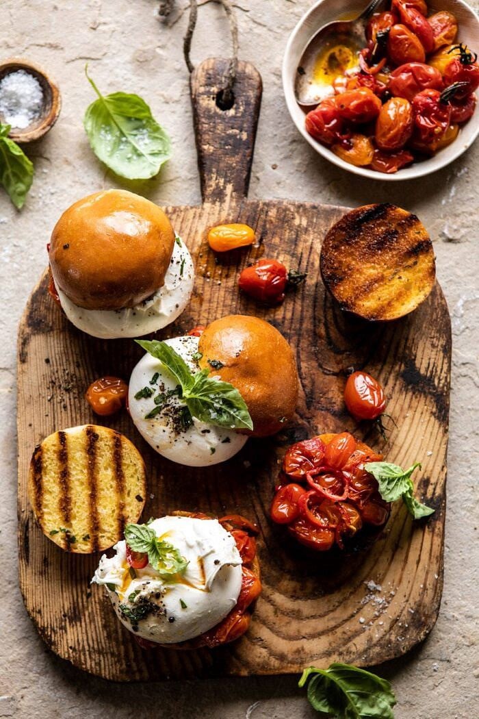 Roasted Caprese Burrata Sliders | halfbakedharvest.com #summerrecipes #appetizer #mothersday #burrata
