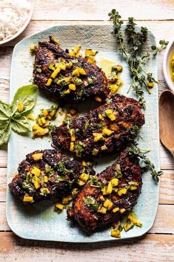Tropical Jerk Grilled Chicken with Charred Mango Salsa Verde | halfbakedharvest.com #chicken #grilled #easyrecipe #healthy