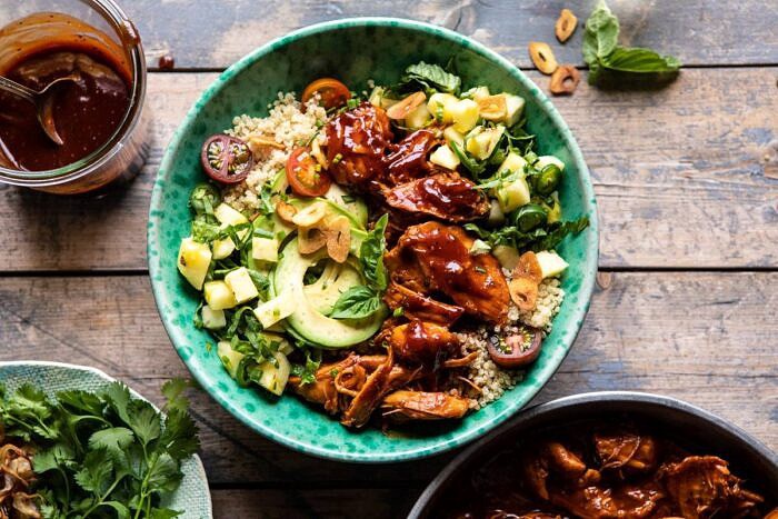 horizontal photo of Weeknight Saucy Pineapple BBQ Chicken Bowls