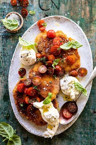 Basil Chicken Saltimbocca with Marinated Tomatoes and Burrata | halfbakedharvest.com #chicken #tomatoes #basil #summerrecipes