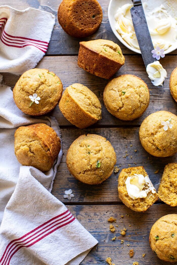 Browned Butter Jalapeño Cornbread Muffins | halfbakedharvest.com #cornbread #easyrecipes #brownedbutter overhead photo of Browned Butter Jalapeño Cornbread Muffins
