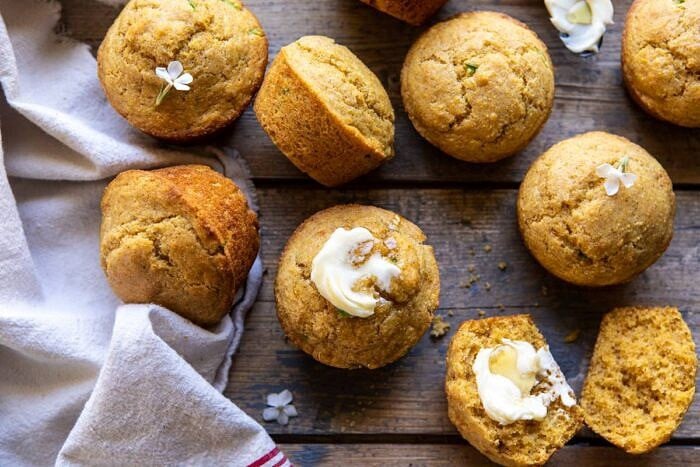 Browned Butter Jalapeño Cornbread Muffins | halfbakedharvest.com #cornbread #easyrecipes #brownedbutter horizontal photo of Browned Butter Jalapeño Cornbread Muffins