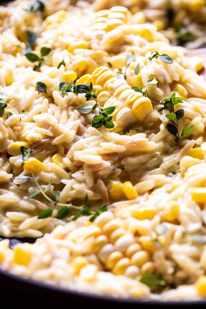 Creamed Corn Orzo in skillet 