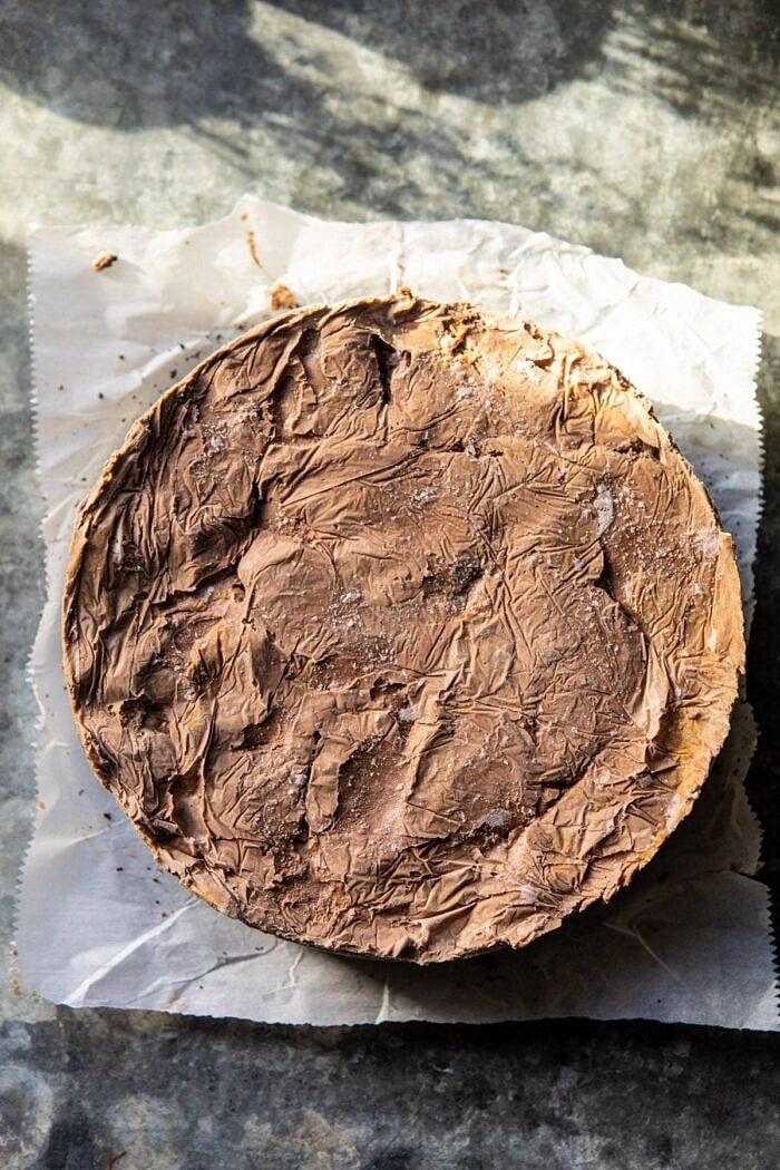 Nonnie's 6 Ingredient Chocolate Peanut Butter Ice Cream Cake | halfbakedharvest.com #icecream #easyrecipes #chocolate #peanutbutter #summer overhead photo of Nonnie's 6 Ingredient Chocolate Peanut Butter Ice Cream Cake before adding chocolate topping