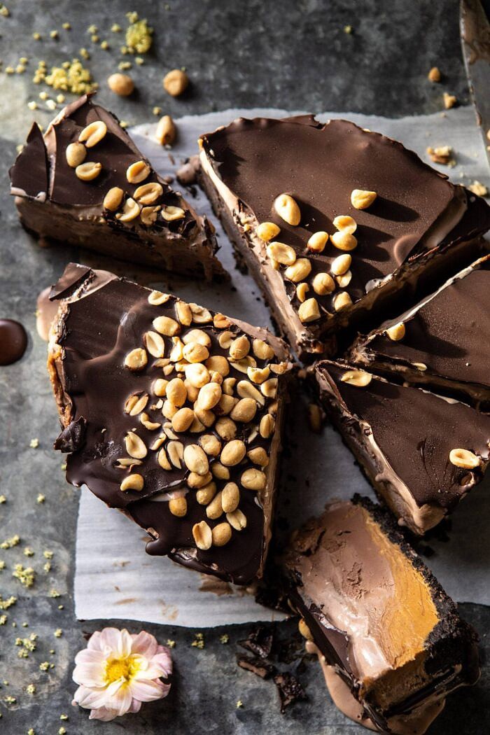 Nonnie's 6 Ingredient Chocolate Peanut Butter Ice Cream Cake | halfbakedharvest.com #icecream #easyrecipes #chocolate #peanutbutter #summer overhead close up photo of Nonnie's 6 Ingredient Chocolate Peanut Butter Ice Cream Cake
