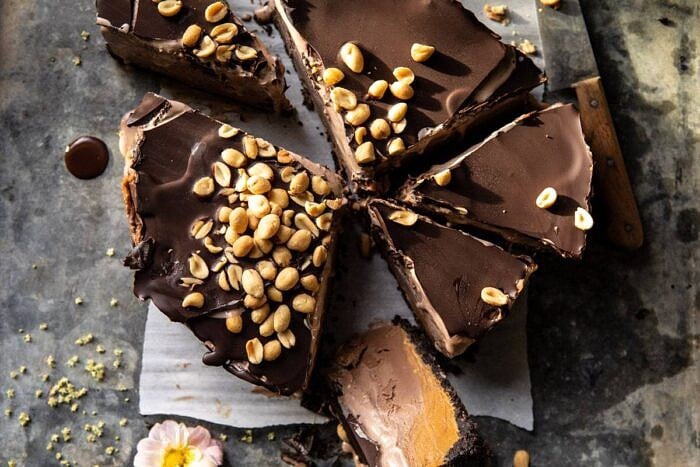 Nonnie's 6 Ingredient Chocolate Peanut Butter Ice Cream Cake | halfbakedharvest.com #icecream #easyrecipes #chocolate #peanutbutter #summer horizontal photo of Nonnie's 6 Ingredient Chocolate Peanut Butter Ice Cream Cake