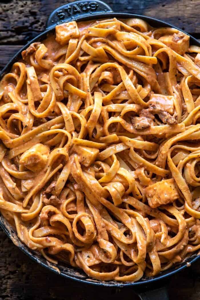 One Pot 30 Minute Creamy Tomato Basil Pasta Bake | halfbakedharvest.com #pasta #summerrecipes #onepot One Pot 30 Minute Creamy Tomato Basil Pasta Bake in skillet before baking