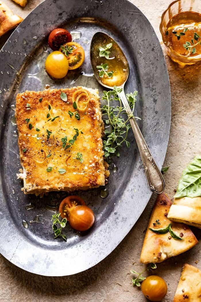 Pan-Fried Feta with Peppered Honey | halfbakedharvest.com #appetizers #easyrecipes #summerrecipes overhead close up photo of Pan-Fried Feta with Peppered Honey