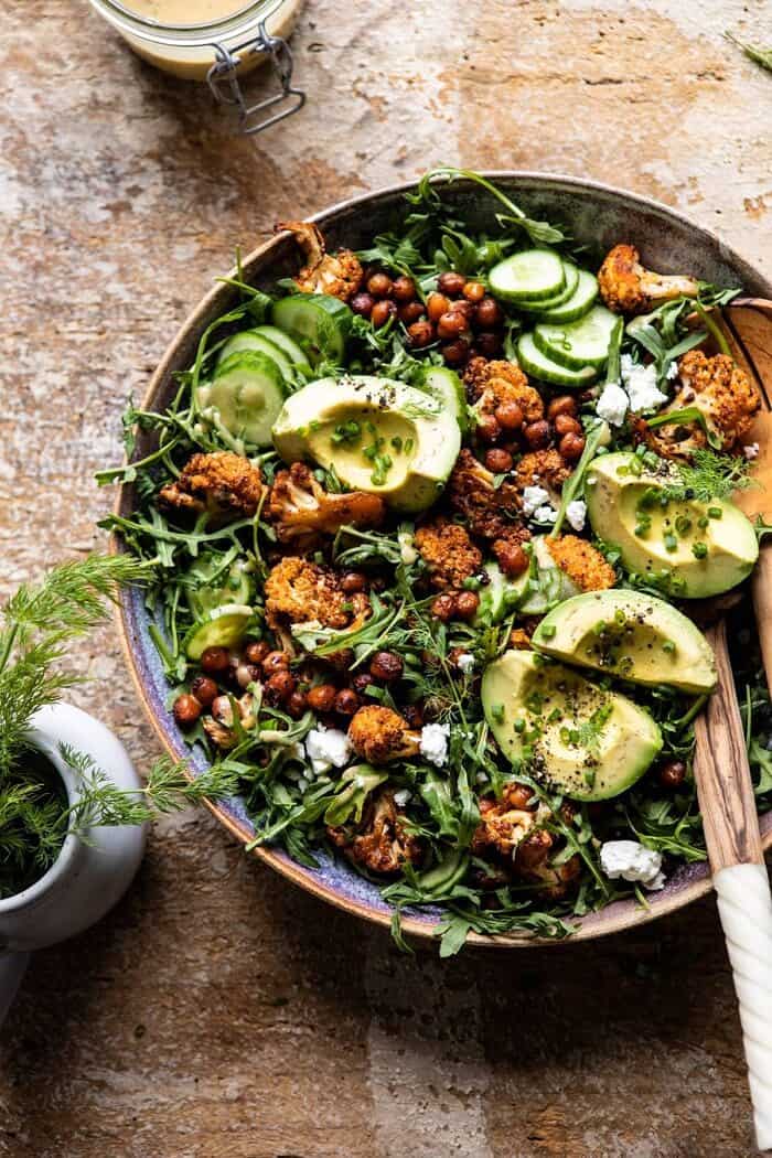 Roasted Cauliflower Salad with Creamy Honey Mustard Vinaigrette | halfbakedharvest.com #healthyrecipes #salad #cauliflower overhead close up photo of Roasted Cauliflower Salad with Creamy Honey Mustard Vinaigrette