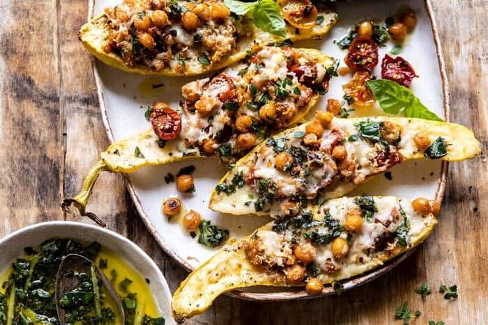 horizontal photo of Spicy Chickpea and Cheese Stuffed Zucchini