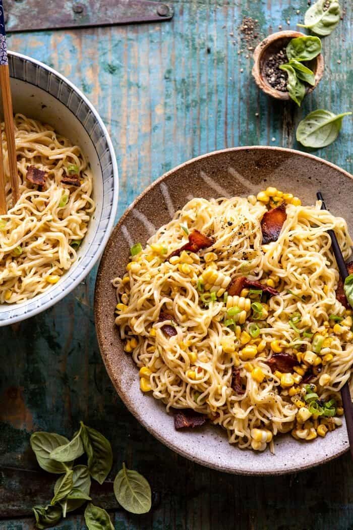20 Minute Ramen Carbonara | #ramen #noodles #easyrecipes overhead close up photo of 20 Minute Ramen Carbonara