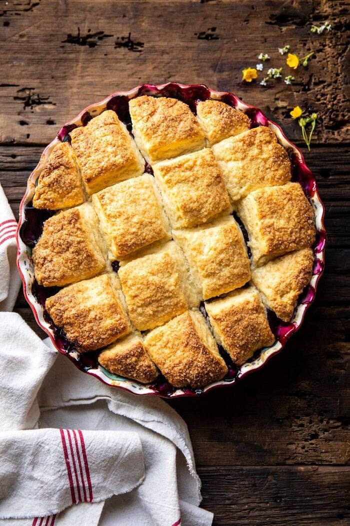 overhead photo of Blackberry Lavender Cobbler after being removed from the oven