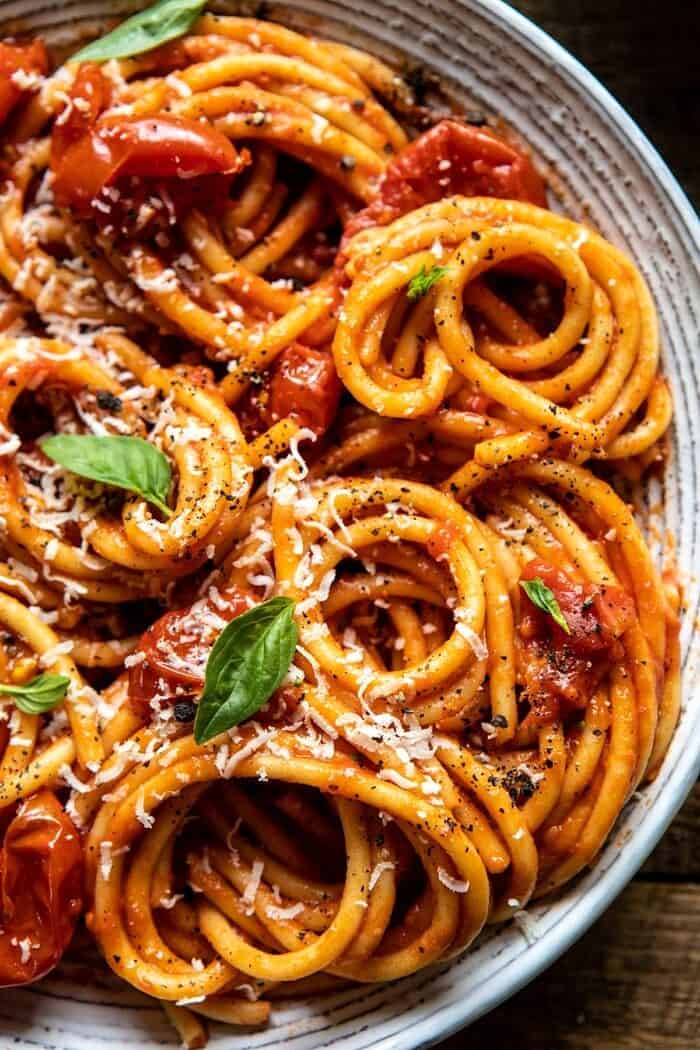 Bucatini Amatriciana | halfbakedharvest.com #pasta #easyrecipes #italian overhead close up photo of Bucatini Amatriciana