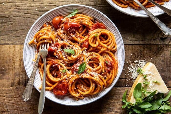 Bucatini Amatriciana | halfbakedharvest.com #pasta #easyrecipes #italian horizontal photo of Bucatini Amatriciana