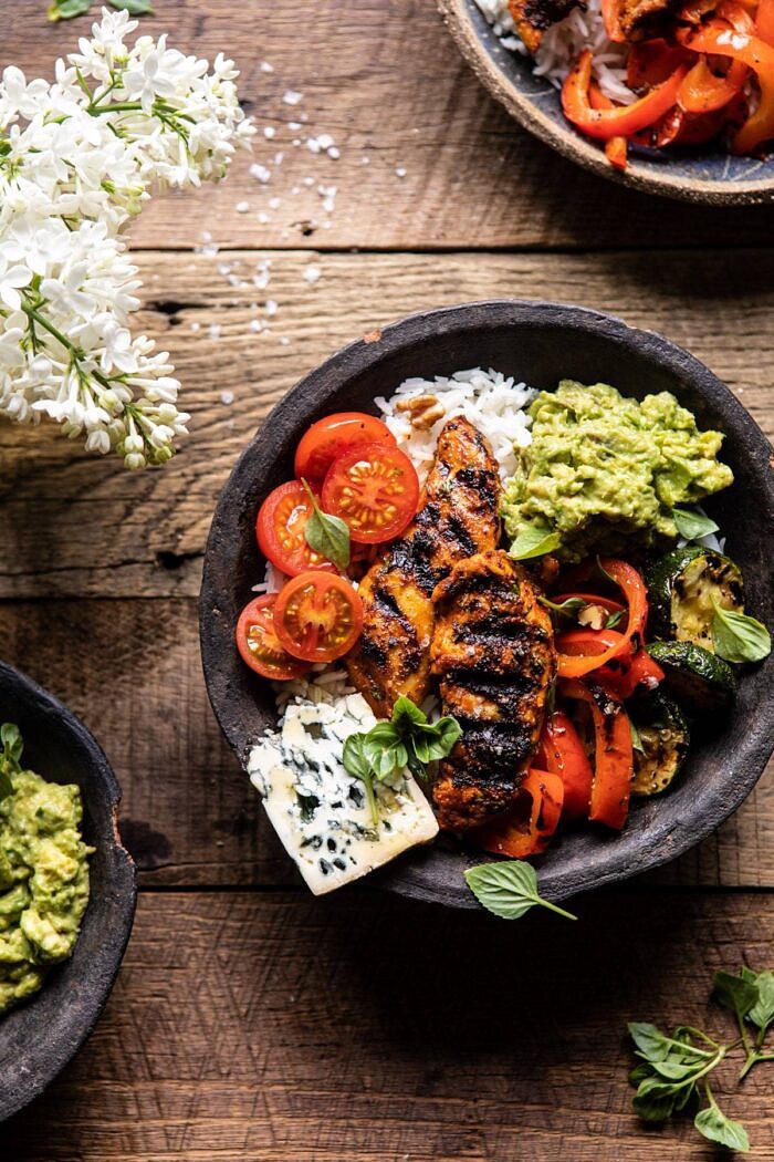 overhead close up photo of California Chicken, Veggie, Avocado and Rice Bowls
