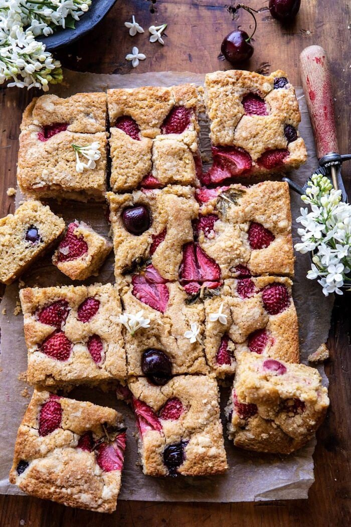 overhead photo of Cherry Strawberry Streusel Cake without ice cream