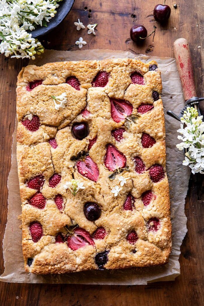 overhead photo of Cherry Strawberry Streusel Cake before cutting