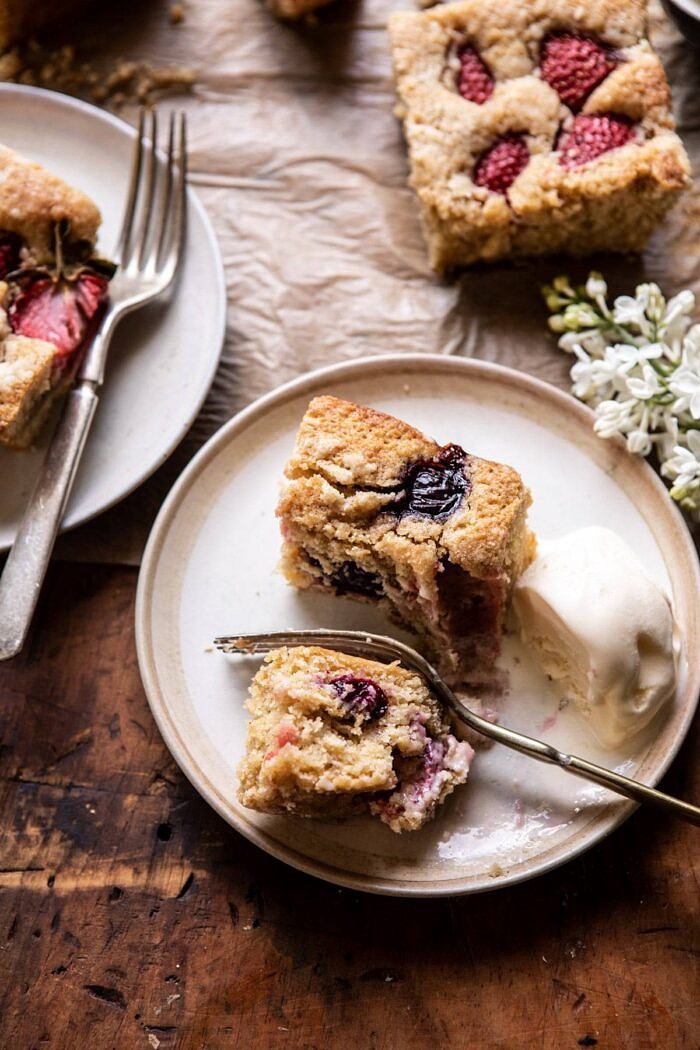 Cherry Strawberry Streusel Cake pieces on plate with ice cream