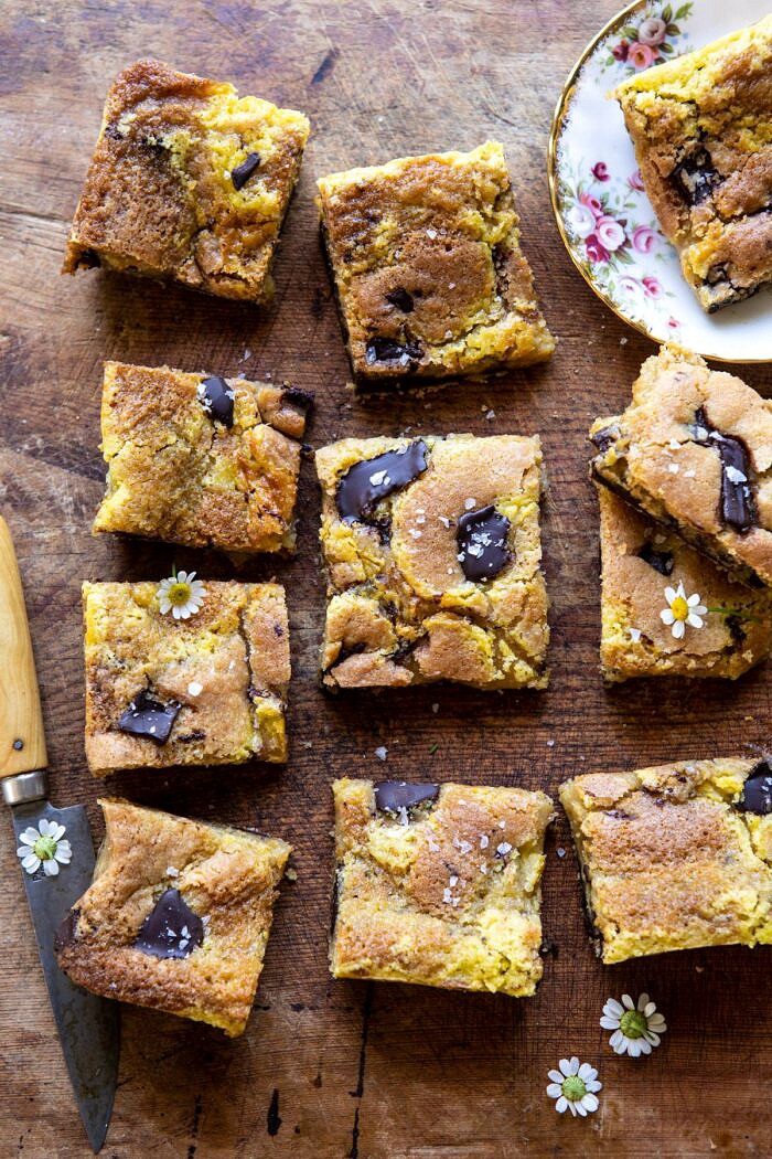 Crème Fraîche Chocolate Chunk Cookie Bars | halfbakedharvest.com #cookies #chocolatechipcookies #cookiebar overhead photo of Crème Fraîche Chocolate Chunk Cookie Bars