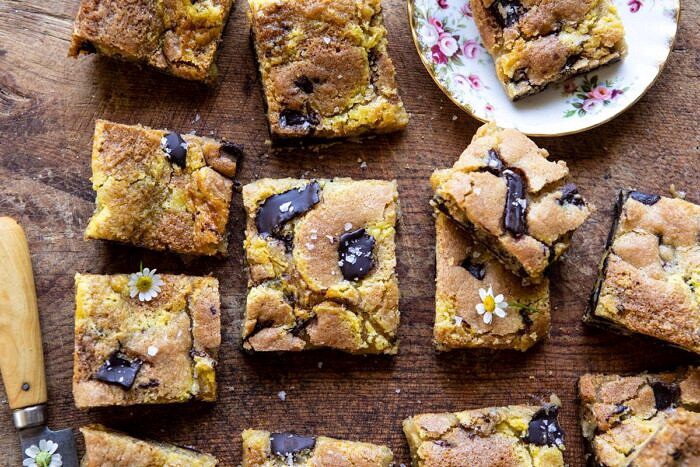 Crème Fraîche Chocolate Chunk Cookie Bars | halfbakedharvest.com #cookies #chocolatechipcookies #cookiebar horizontal photo of Crème Fraîche Chocolate Chunk Cookie Bars