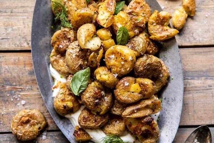 Crispy Salt and Vinegar Smashed Potatoes | halfbakedharvest.com #potatoes #instantpot #easyrecipes #sidedish horizontal photo of Crispy Salt and Vinegar Smashed Potatoes