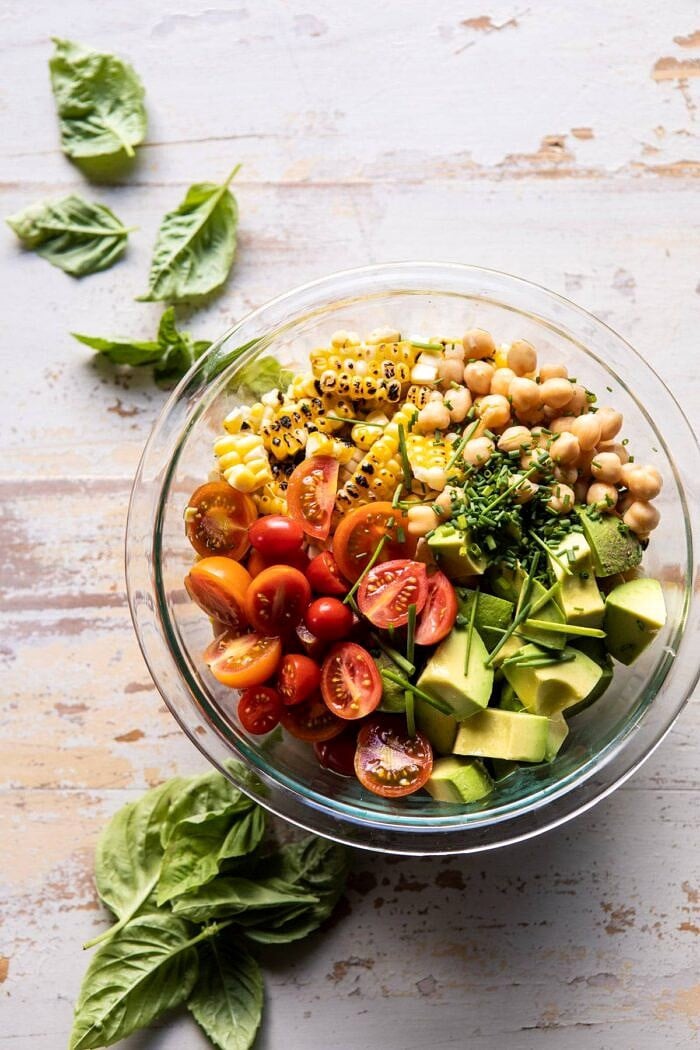 overhead photo of Corn, Tomato, and Avocado Salad in bowl 