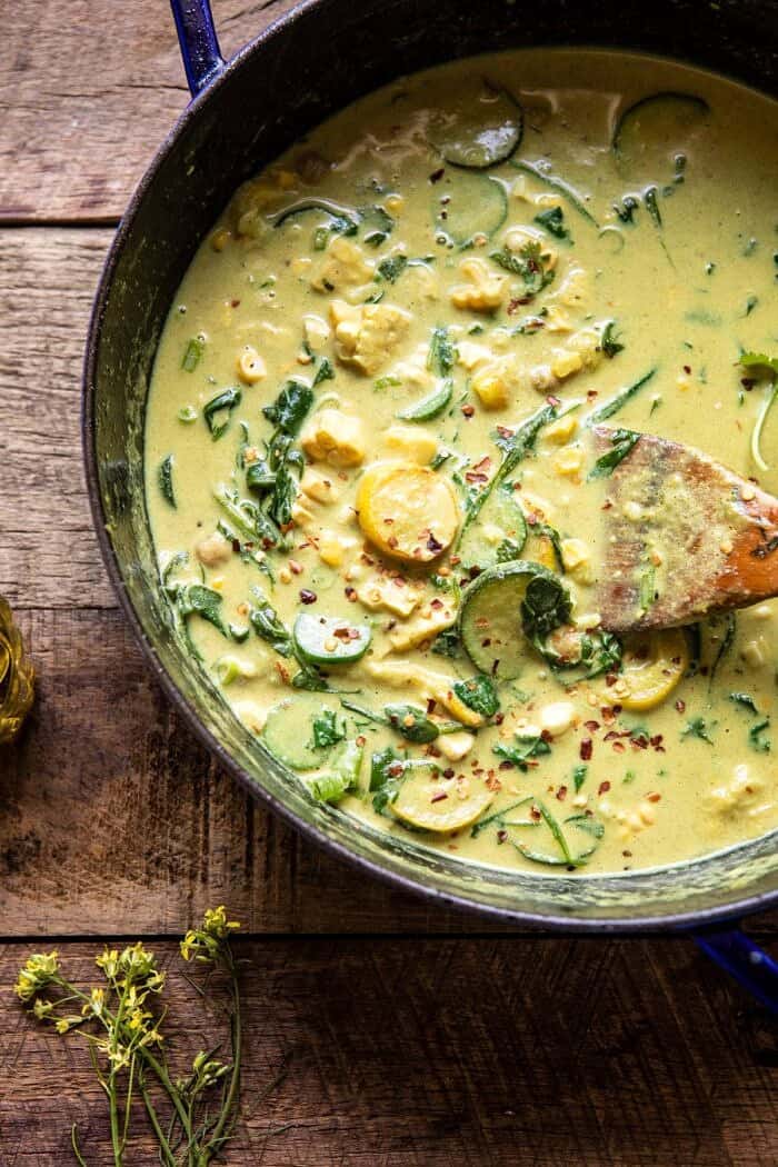 overhead photo of Summer Coconut Chickpea Curry in skillet 