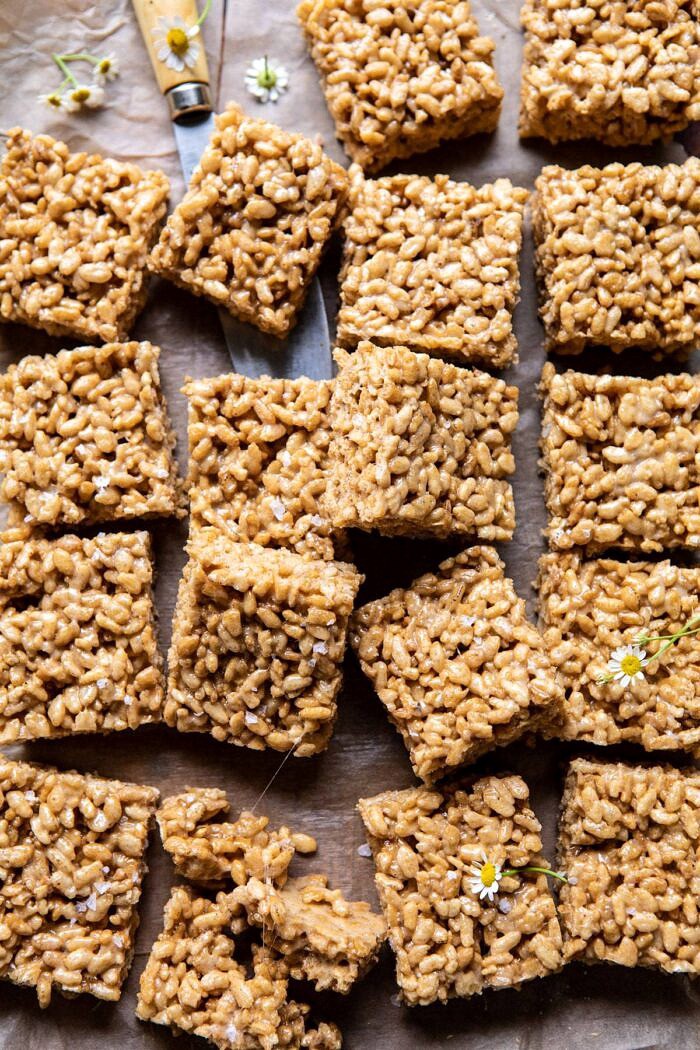 Better Than Mom's Brown Butter Rice Krispie Treats | halfbakedharvest.com #ricekrispietreats #healthier #easy #backtoschool #dessert overhead photo of Better Than Mom's Brown Butter Rice Krispie Treats